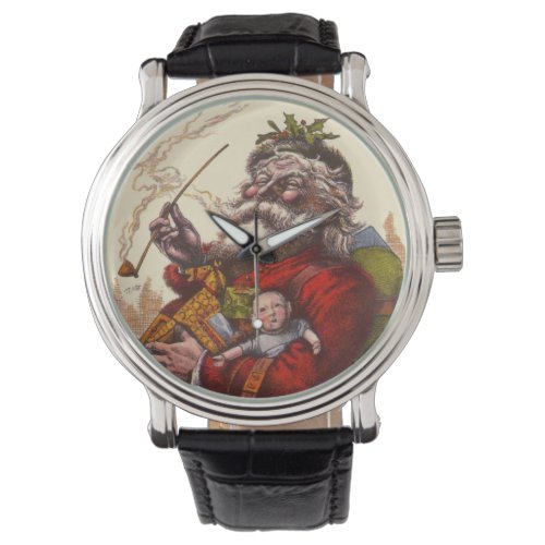 Vintage Christmas Victorian Santa Claus Pipe Toys Watch