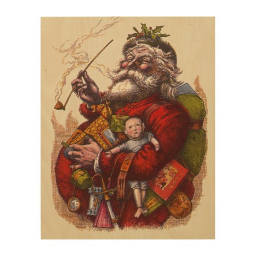 Vintage Christmas Victorian Santa Claus Pipe Toys Wood Wall Art