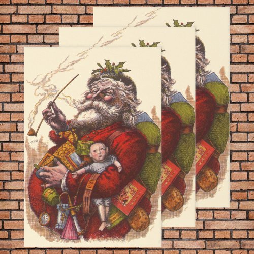 Vintage Christmas Victorian Santa Claus Pipe Toys Wrapping Paper Sheets