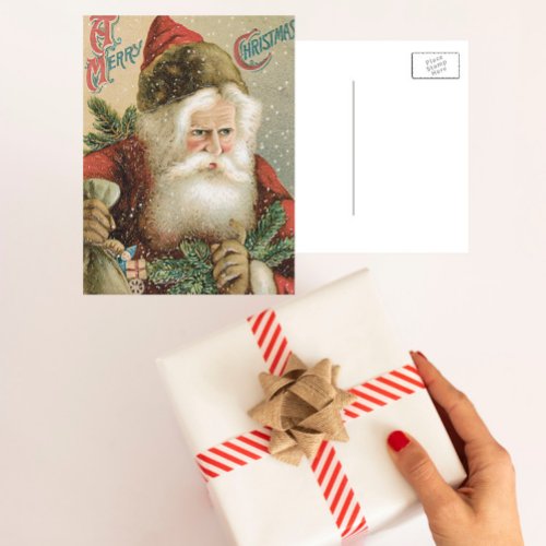 Vintage Christmas Victorian Santa Claus with Pine Holiday Postcard