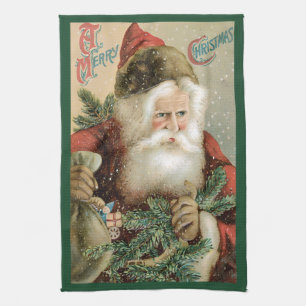 Vintage Christmas, Victorian Santa Claus with Pine Kitchen Towel