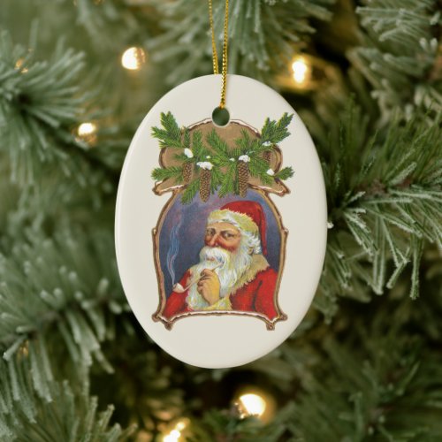 Vintage Christmas Victorian Santa Claus with Pipe Ceramic Ornament