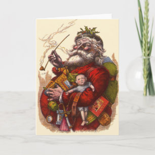 Vintage Christmas, Victorian Santa Claus With Toys Holiday Card