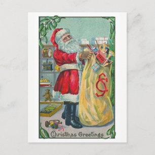 Vintage Christmas, Victorian Santa Claus with Toys Holiday Postcard