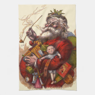 Vintage Christmas, Victorian Santa Claus With Toys Kitchen Towel