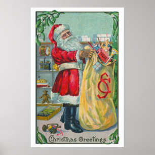 Vintage Christmas, Victorian Santa Claus with Toys Poster