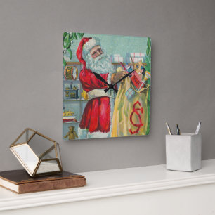 Vintage Christmas, Victorian Santa Claus with Toys Square Wall Clock