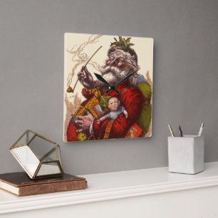 Vintage Christmas, Victorian Santa Claus With Toys Square Wall Clock
