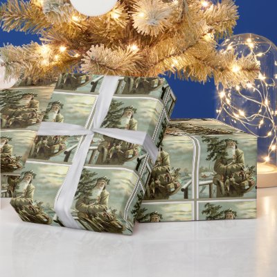Vintage Christmas, Victorian Santa Claus with Toys Wrapping Paper