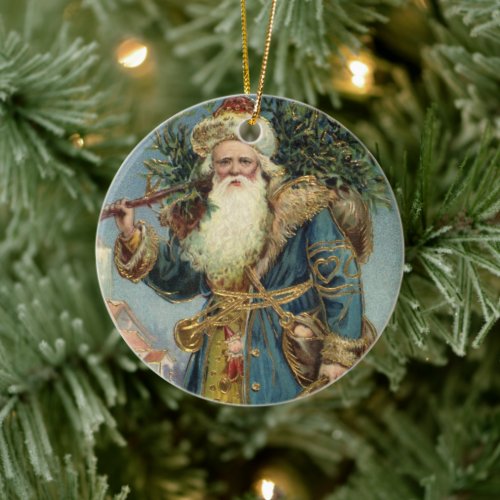 Vintage Christmas Victorian Santa Claus with Tree Ceramic Ornament