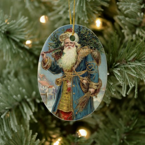 Vintage Christmas Victorian Santa Claus with Tree Ceramic Ornament