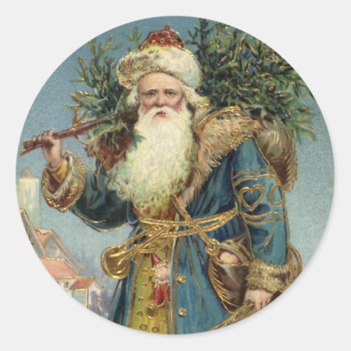 Vintage Christmas Victorian Santa Claus with Tree Classic Round Sticker