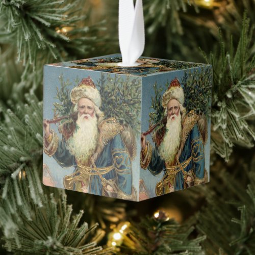 Vintage Christmas Victorian Santa Claus with Tree Cube Ornament