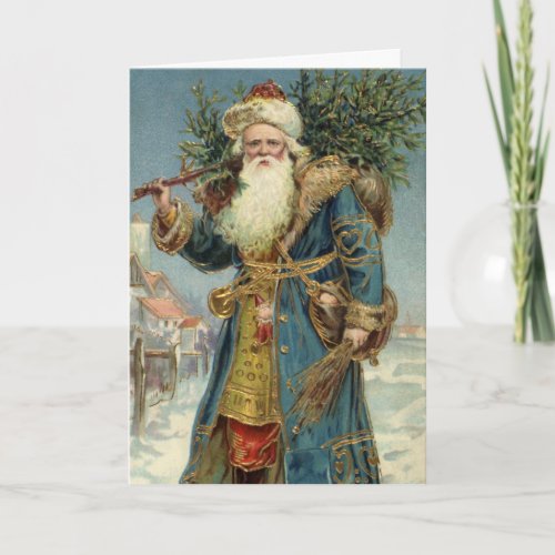 Vintage Christmas Victorian Santa Claus with Tree Holiday Card