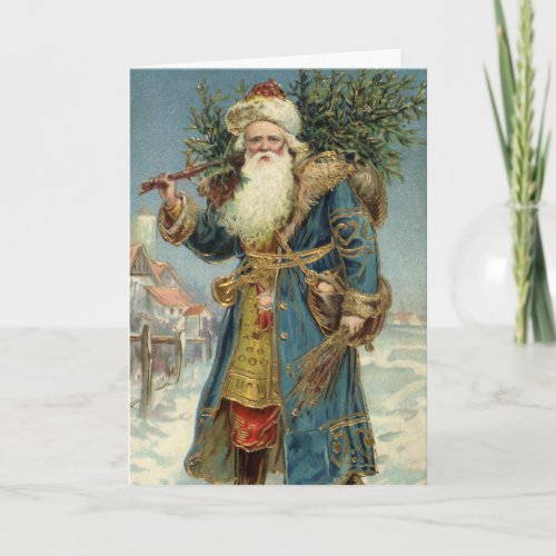 Vintage Christmas Victorian Santa Claus with Tree Holiday Card