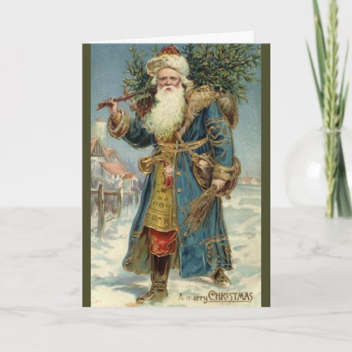 Vintage Christmas Victorian Santa Claus with Tree Holiday Card