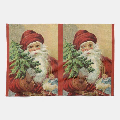Vintage Christmas Victorian Santa Claus with Tree Kitchen Towel