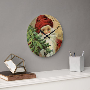 Vintage Christmas, Victorian Santa Claus with Tree Large Clock
