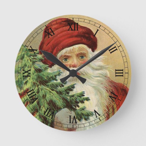 Vintage Christmas Victorian Santa Claus with Tree Round Clock