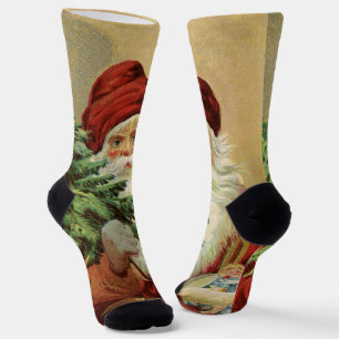 Vintage Christmas, Victorian Santa Claus with Tree Socks