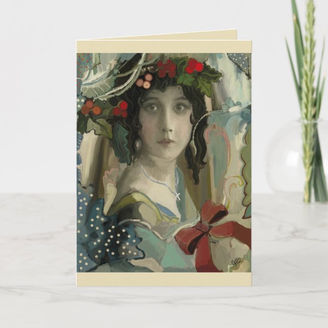 Vintage Christmas Victorian Woman Personalize Holiday Card (Front)