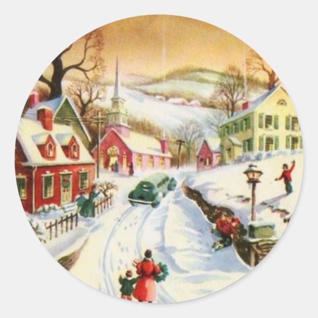 Vintage Christmas Village Classic Round Sticker (Front)