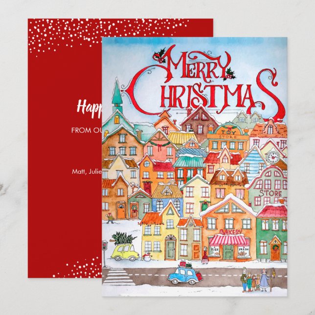 Vintage Christmas Village Flat Holiday Card (Front/Back)