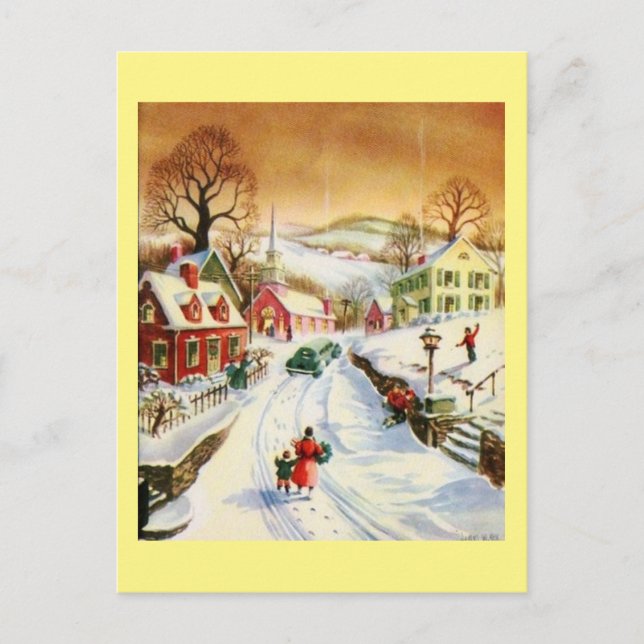 Vintage Christmas Village Holiday Postcard (Front)