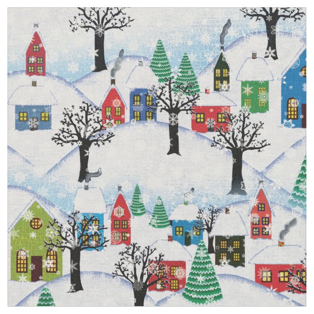Vintage Christmas Village Houses Trees Pattern Fabric (Close Up)