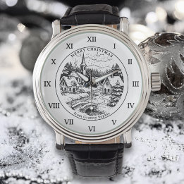 Vintage Christmas Village in Winter - Roman Number Watch