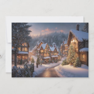 Vintage Christmas Village on a Snowy Night Holiday Card