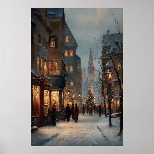 Vintage Christmas Village Print, Antique Holiday Poster