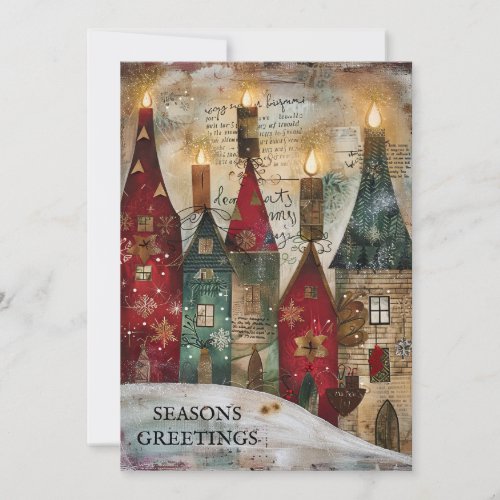 Vintage Christmas Village Seasons Greetings Holiday Card