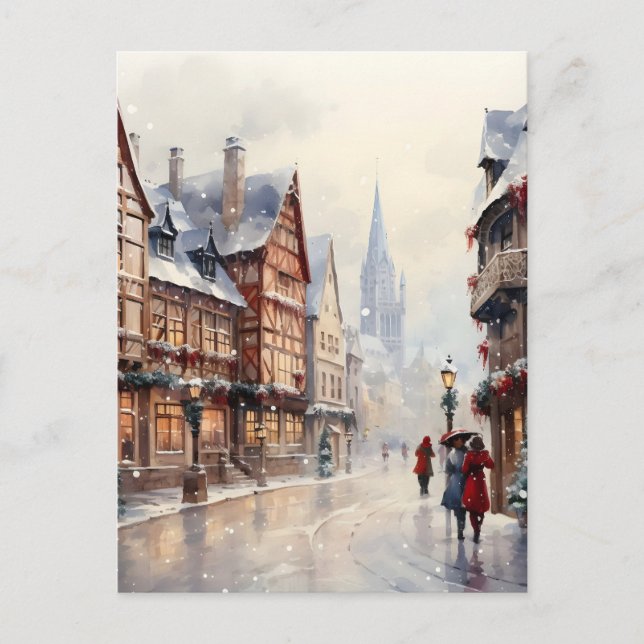 Vintage Christmas Village Street Holiday Announcement Postcard (Front)