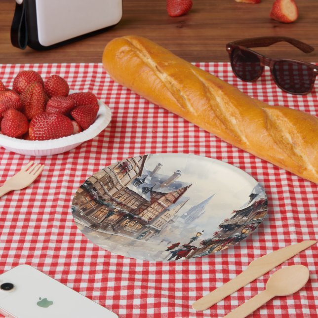 Vintage Christmas Village Street Holiday Paper Plates (Picnic)