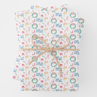Vintage Christmas Village Toile Holiday Wrapping Paper Sheets
