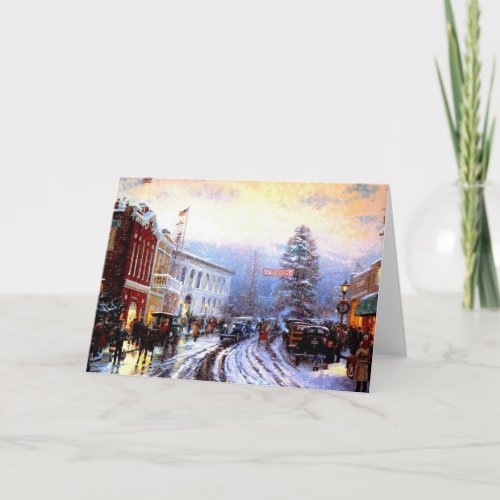 Vintage Christmas Village Town Painting Holiday Card