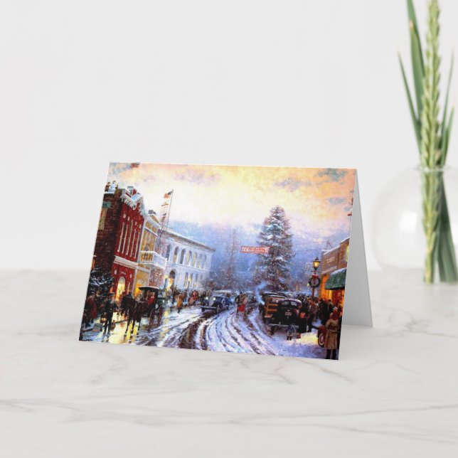 Vintage Christmas Village Town Painting Holiday Card (Front)