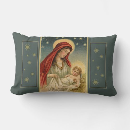 Vintage Christmas Virgin Mary with Jesus in Manger Lumbar Pillow