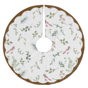 Vintage Christmas Watercolor Botanical Scalloped Brushed Polyester Tree Skirt