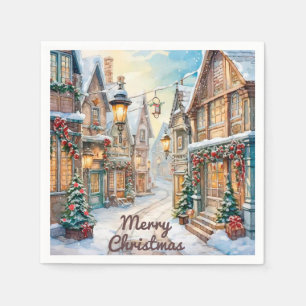 Vintage Christmas Watercolor Fairytale Street Napkins