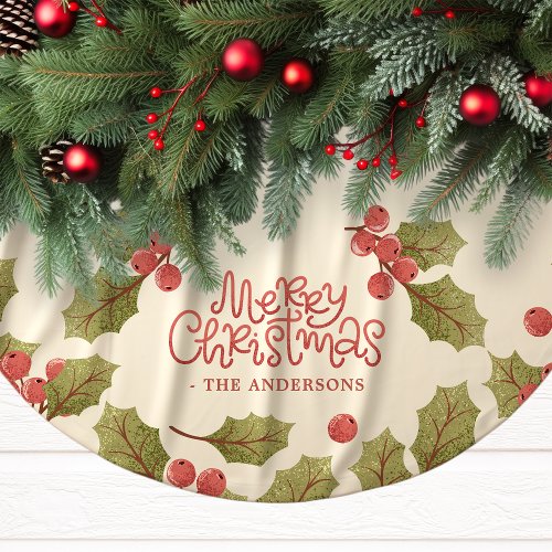 Vintage Christmas Watercolor Holly Leaves Monogram Brushed Polyester Tree Skirt