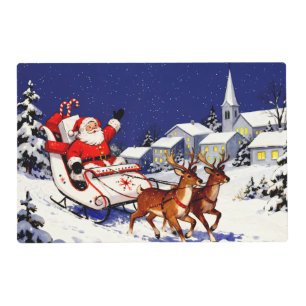 Vintage Christmas Waving Santa and Reindeer Scene Placemat