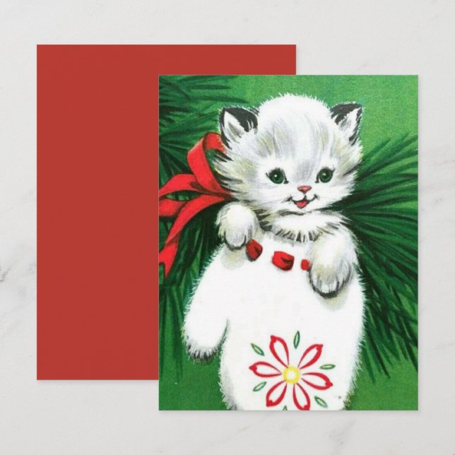 Vintage Christmas White Cat a Mitten Holiday Card (Front/Back)