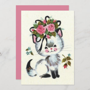 Vintage Christmas White Cat in Pink Floral Holiday