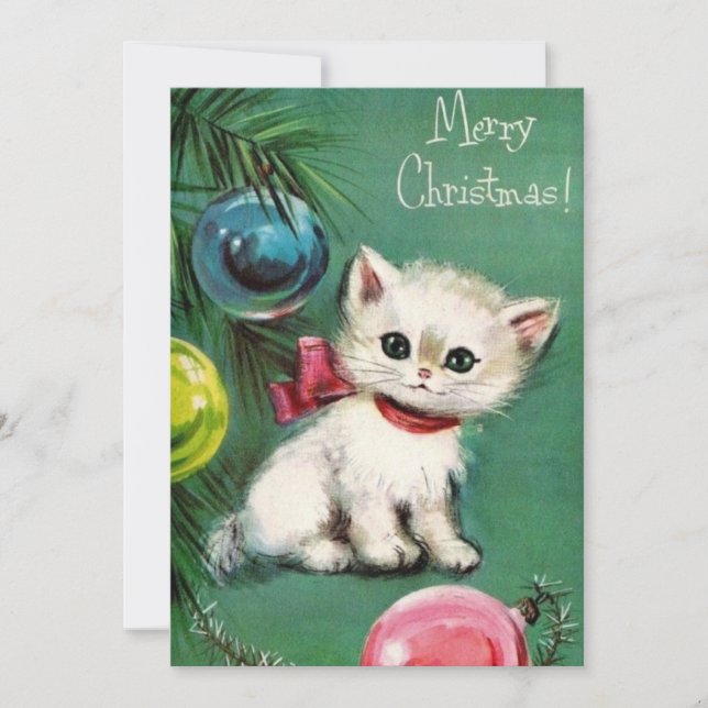 Vintage Christmas White Cat in Tree Holiday Card (Front)