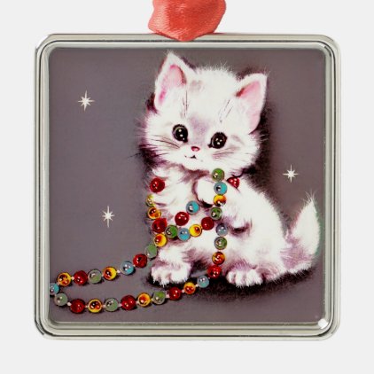 Vintage Christmas White Cat Persian Mauve Kitty Metal Ornament