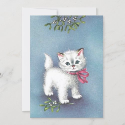 Vintage Christmas White Cat Under Mistletoe Holiday Card