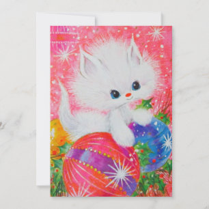 Vintage Christmas White Kitten Holiday Card