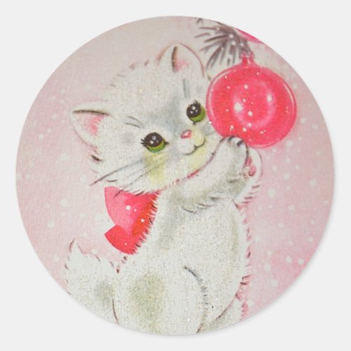 Vintage Christmas White Kitty Classic Round Sticker
